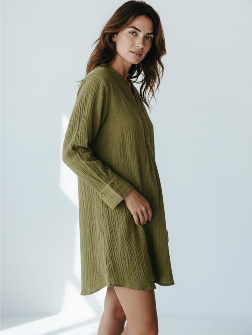 H&M Olive Green Long Sleeve V-Neck Tunic Dress